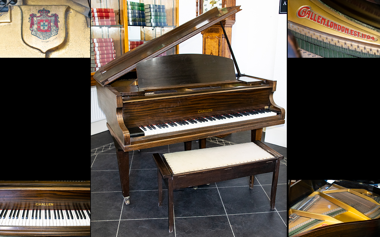 Mahogany Framed Baby Grand Piano made by Challen 1804. Patent no's 419777 and 419778. The piano