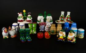 Collection of Novelty Porcelain Cruet Sets (13) including Bunnies, Mr and Mrs Christmas Puddings,