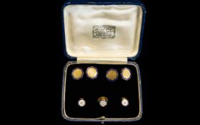 Gentleman's - Superb Quality 18ct Gold Enamel and Pearl Set Trio of Studs. c.