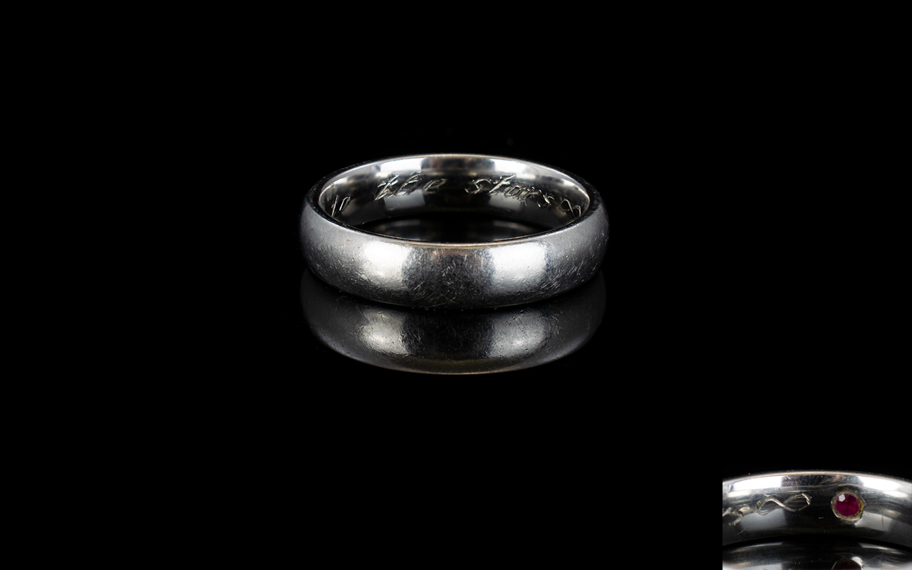 Palladium Wedding Band with Ruby Set to Interior of Shank. Marked P D 950. Ring Size - S. AN5. 6.