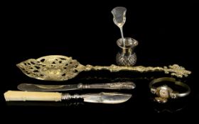 Mixed Lot comprising silver bladed fish knife, silver handled butter knife, silver caddy spoon,