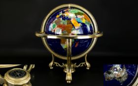 Decorative Gemstone Globe Gilt Framed Globe inlaid with various semi precious stones and gold tone