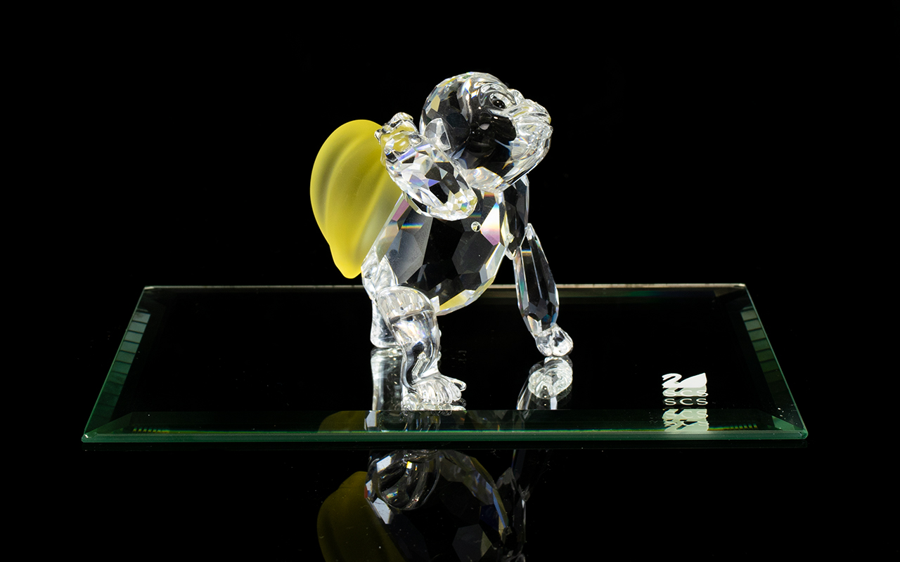 Swarovski Crystal Figure ' Young Gorilla ' Carrying a Bunch of Bananas, Rare Encounters Series.