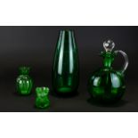 Antique Period 1906 - 1910 Green Flagon Shaped Decanter with Clear Glass Stopper and Handle,