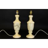 A Pair Of Onyx Table Lamps Of urn form in pale cream and grey striated onyx.