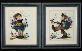 A Pair Of Hummel Framed and Glazed Tapestry Pictures. Both 'signed' M J Hummel to lower right.