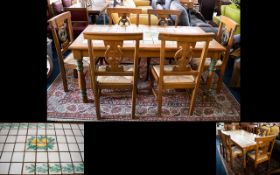 Large Pine and Tile Inlay Dining Suite comprising of table and 6 chairs.