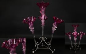 Victorian Period Very Impressive Silver Plated and Cranberry glass four branch Epergne.