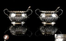 Edwardian Period Pair of Twin Handled Silver Salts with Spoons and fluted bodies design with ornate