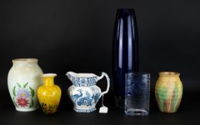 A Collection Of Decorative Glass And Ceramics Six items in total to include large cobalt blue vase,