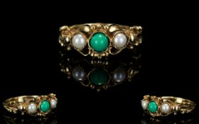 Antique Period - Attractive 9ct Gold Turquoise and Seed Pearl Dress Ring of Fine Form.