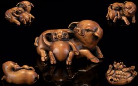 Japanese - 19th Century Superb Quality Carved Boxwood Signed Netsuke, Depicts a Large Mother Pig