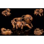 Japanese - 19th Century Superb Quality Carved Boxwood Signed Netsuke, Depicts a Large Mother Pig