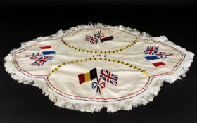 WWI Great War Interest Hand Embroidered Silk Table Centrepiece An unusual handmade oval table runner