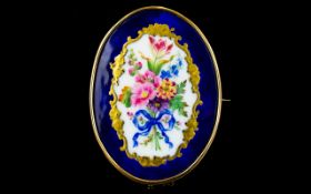 Antique Period Fine Quality - Large Oval Shaped Hand Painted Porcelain Gold Mounted Brooch,