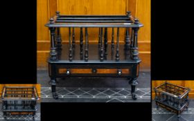 Victorian Ebonised And Amboyna Canterbury Triple sectioned with spindle supports triple stretchers.