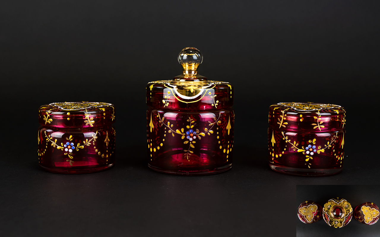 Venetian Superb Quality Red Ruby Lidded Glass Jars Decorated with hand painted accented gold tones,