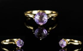 Ladies 9ct Yellow Gold Single Stone Amethyst Dress Ring. Fully Hallmarked for 9.375 Gold.