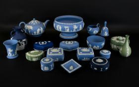 Collection of Wedgwood Jasper Ware 18 pieces in total including, pedestal bowl 8" in diameter,