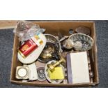 Box of Assorted Collectables including old kitchen scales and weights, jelly molds, old tins, shoe