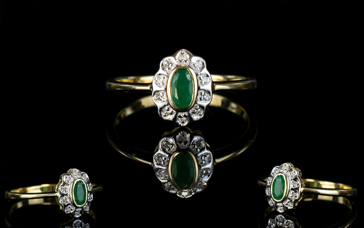 Ladies 9ct Gold Emerald and Diamond Cluster Ring,