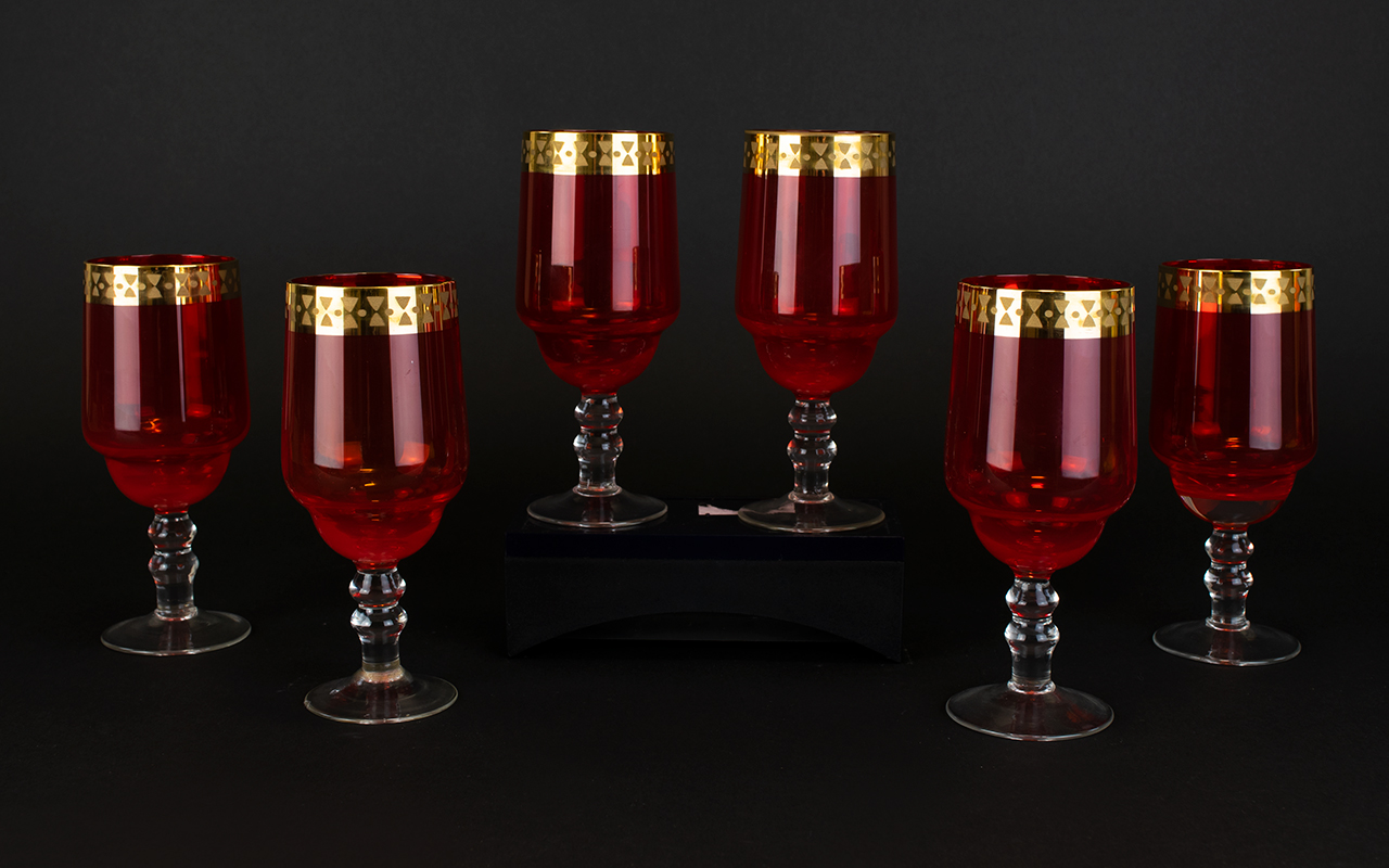 Venetian 1960's Set Of Six Hand Blown Ruby Glass Goblets with painted gold bands to neck.