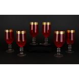 Venetian 1960's Set Of Six Hand Blown Ruby Glass Goblets with painted gold bands to neck.