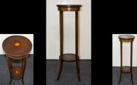 Edwardian Inlaid Mahogany Plant Stand Circular top with lower shelf, square tapered supports,