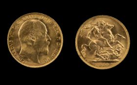 Edward VII Full 22ct Gold Sovereign. Date 1910. London Mint. Uncirculated. Please See Photo.