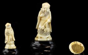 Japanese - Meiji Period Small and Signed Carved Ivory Figure 1864 - 1912. Depicts Sage / Wise Man.