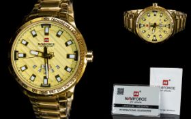 Naviforce Mens - Gold Plated Steel Day / Date Sports Wrist Watch. Model 9090, Water Resistance. Mint