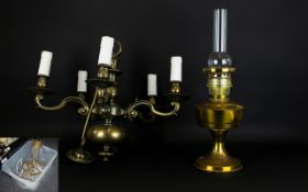A Brass Five Arm Ceiling Pendant Large chandelier with faux candle fittings and central circular