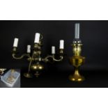 A Brass Five Arm Ceiling Pendant Large chandelier with faux candle fittings and central circular