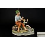 Capodimonte Early Hand Painted And Signed Ceramic Figure Father and son fishing on the beach,