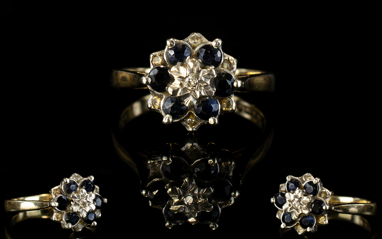 Ladies - 1980's 9ct Gold Sapphire and Diamond Set Cluster Ring, Flower head Setting.