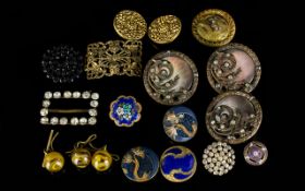 A Mixed Collection Of Antique Buttons And Buckles Approx nineteen items in total to include three