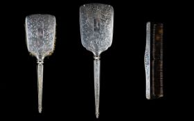 Antique Solid Silver Ladies Three Piece Vanity Set Circa 1900 Comprises large hand mirror plus a