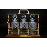 Antique Period - Heavy Oak Cased Tantalus Containing 3 Cut Glass Decanters with Lock.