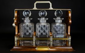 Antique Period - Heavy Oak Cased Tantalus Containing 3 Cut Glass Decanters with Lock.