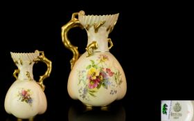 Royal Worcester - Large Hand Painted Floral Blush Ivory Jug, with Painted Gold Naturalistic Handle -