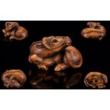 Japanese - 19th Century Superb Carved Boxwood Signed Netsuke. Depicts a Japanese Oxon In a Resting