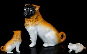 Staffordshire - Mid 19th Century Porcelain Pug Dog Figure, Seated Position, Black Painted Face. c.