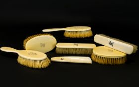 Antique - Ivory Worked ( 7 ) Piece Vanity Set. Comprises Shoe Horn, Brushes etc.