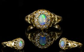 Antique Period 18ct Gold Opal and Diamond Gallery Set Dress Ring.