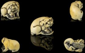 Japanese Mid 19th Century Nice Quality And Signed Carved Ivory Netsuke.