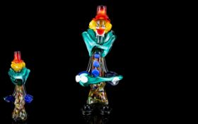 Murano Novelty Multi Coloured Glass Clown Figure With Guitar From The 1960's Standing 13.