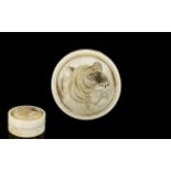 Japanese 19thC Good Quality Circular Lidded Ivory Pill Box with carved image of a tiger to cover.