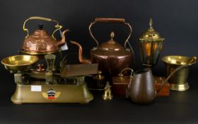 A Collection Of Mixed Metal Vintage Kitchen Items Ten in total to include, copper spirit kettle,