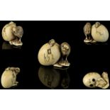 Japanese- Mid 19th Century Fine Quality And Signed Carved Ivory Netsuke in the form of a chick