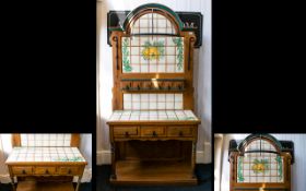 Rustic Pine Wash Stand with glazed tiled inlay to top and back of stand.